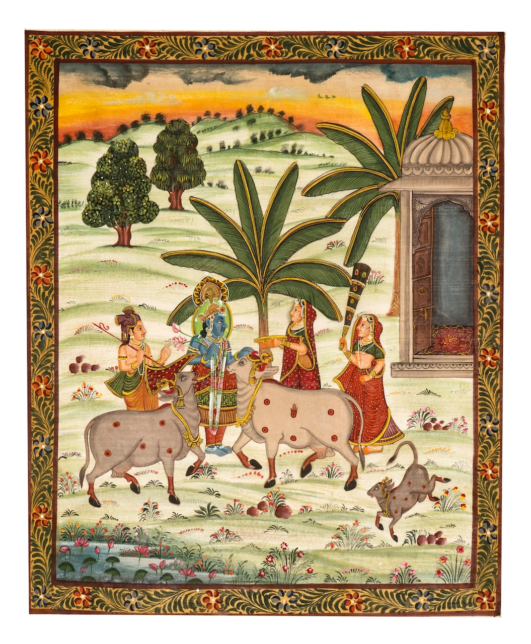 Krishna with Sacred Cows in Countryside – Miniature Cloth Painting