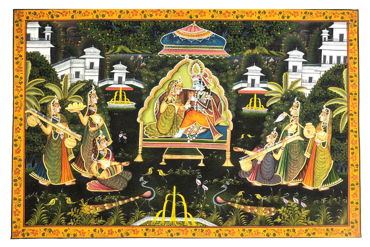 Radha Krishna Royal Jhoola Garden – Miniature Cloth Painting