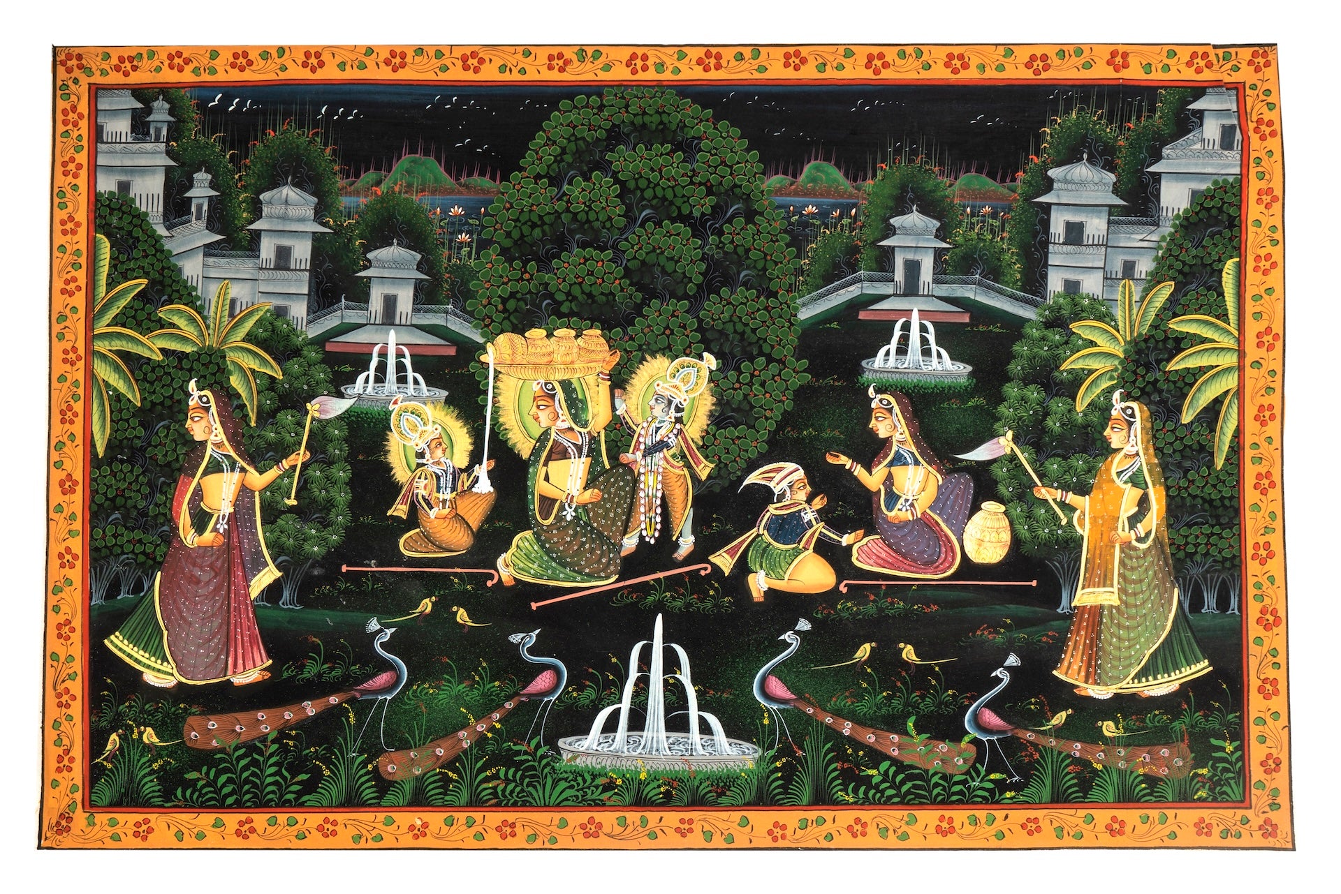 Krishna Radha in Royal Garden – Miniature Cloth Painting