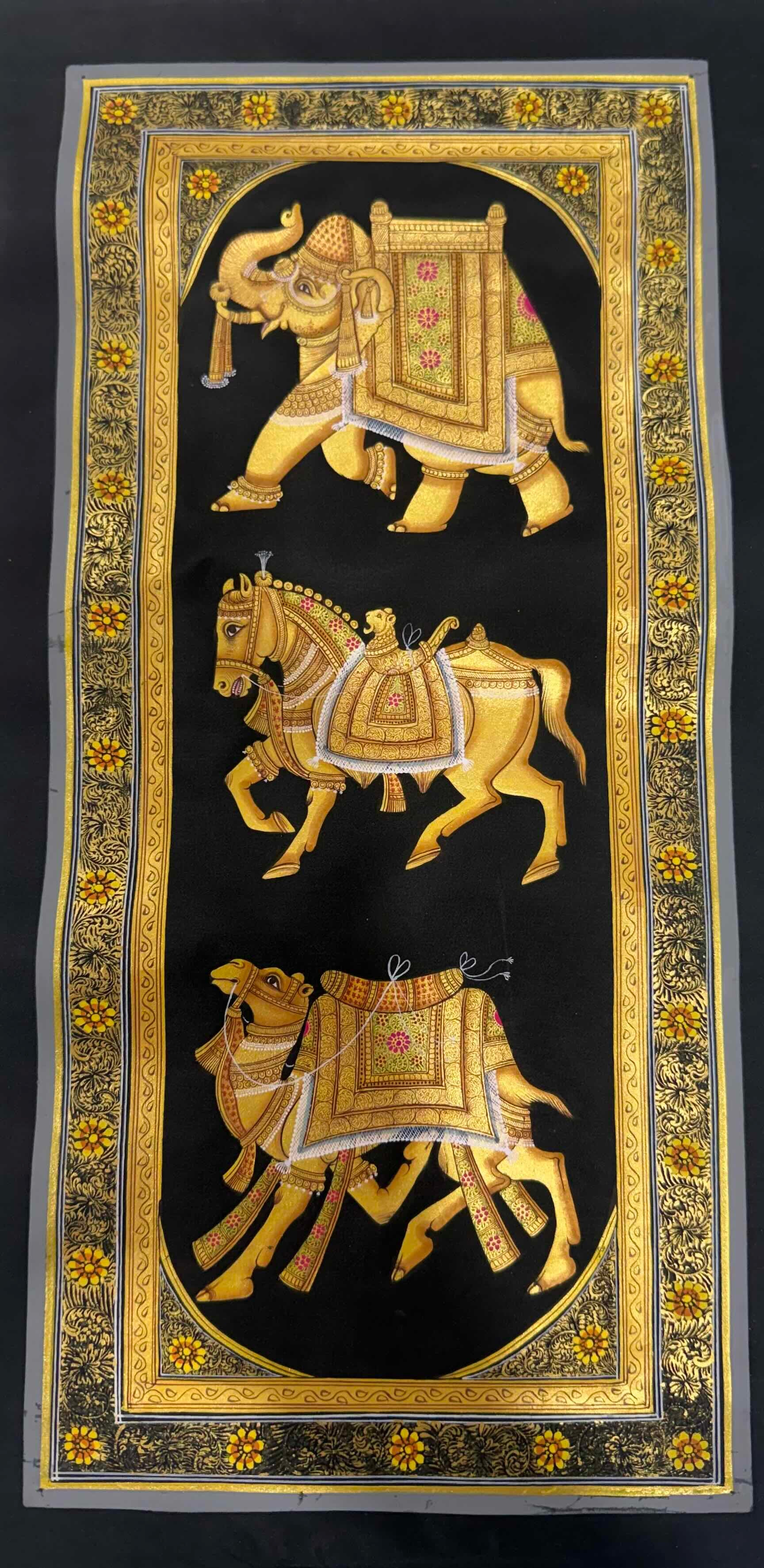 Royal Animal Trio on Black – Miniature Cloth Painting