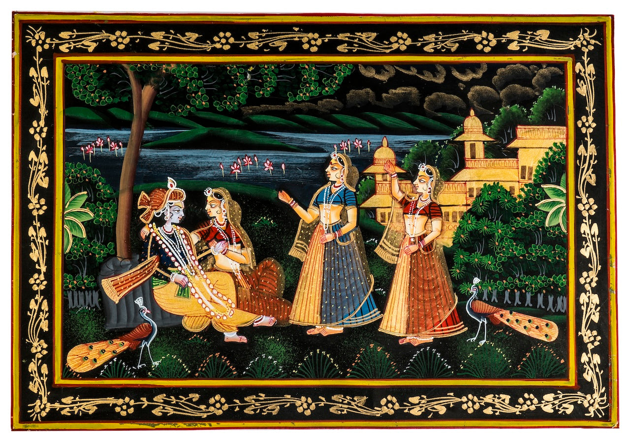 Krishna in Royal Garden – Miniature Cloth Painting