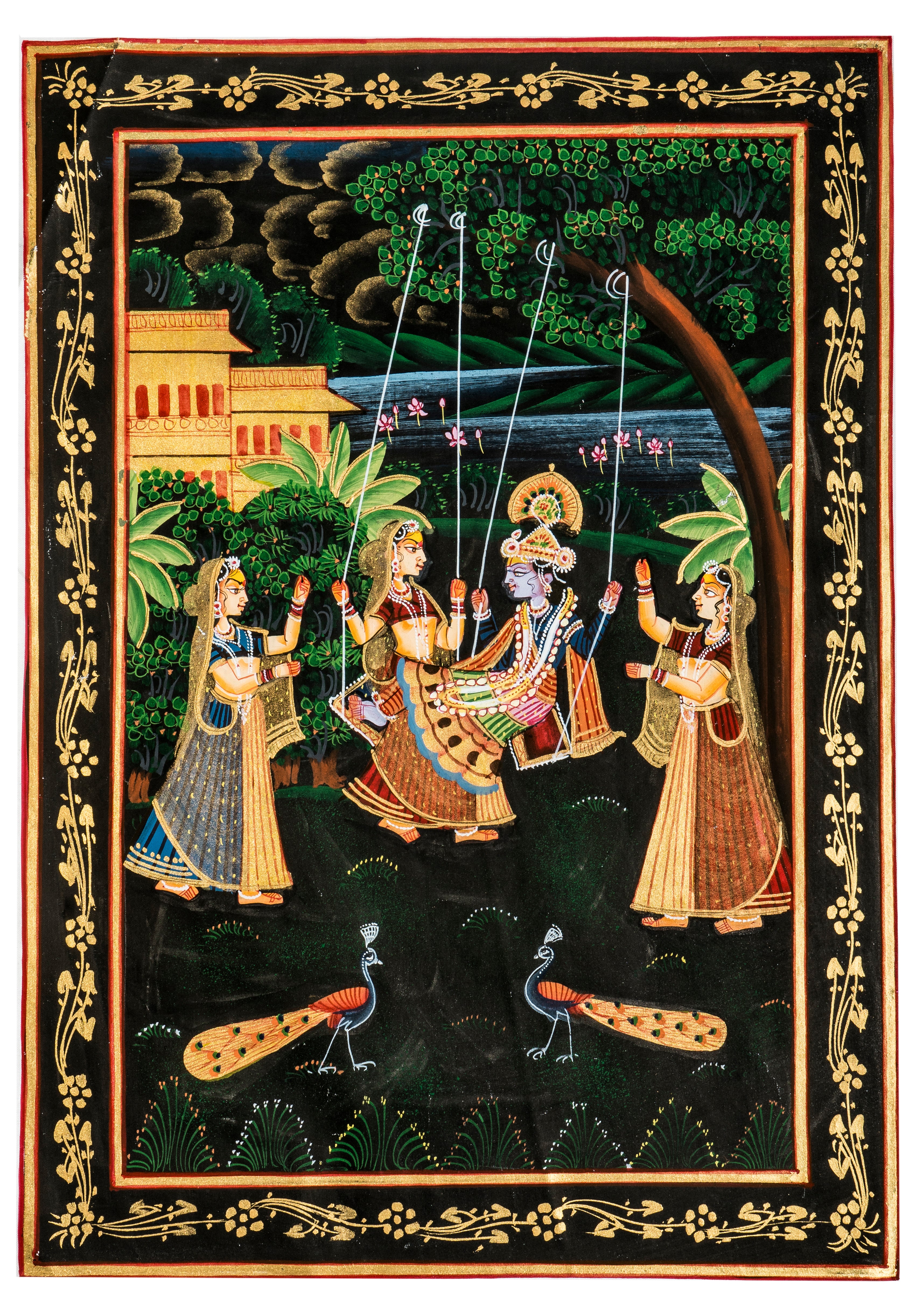 Krishna Jhula with Gopis in Royal Garden – Miniature Cloth Painting