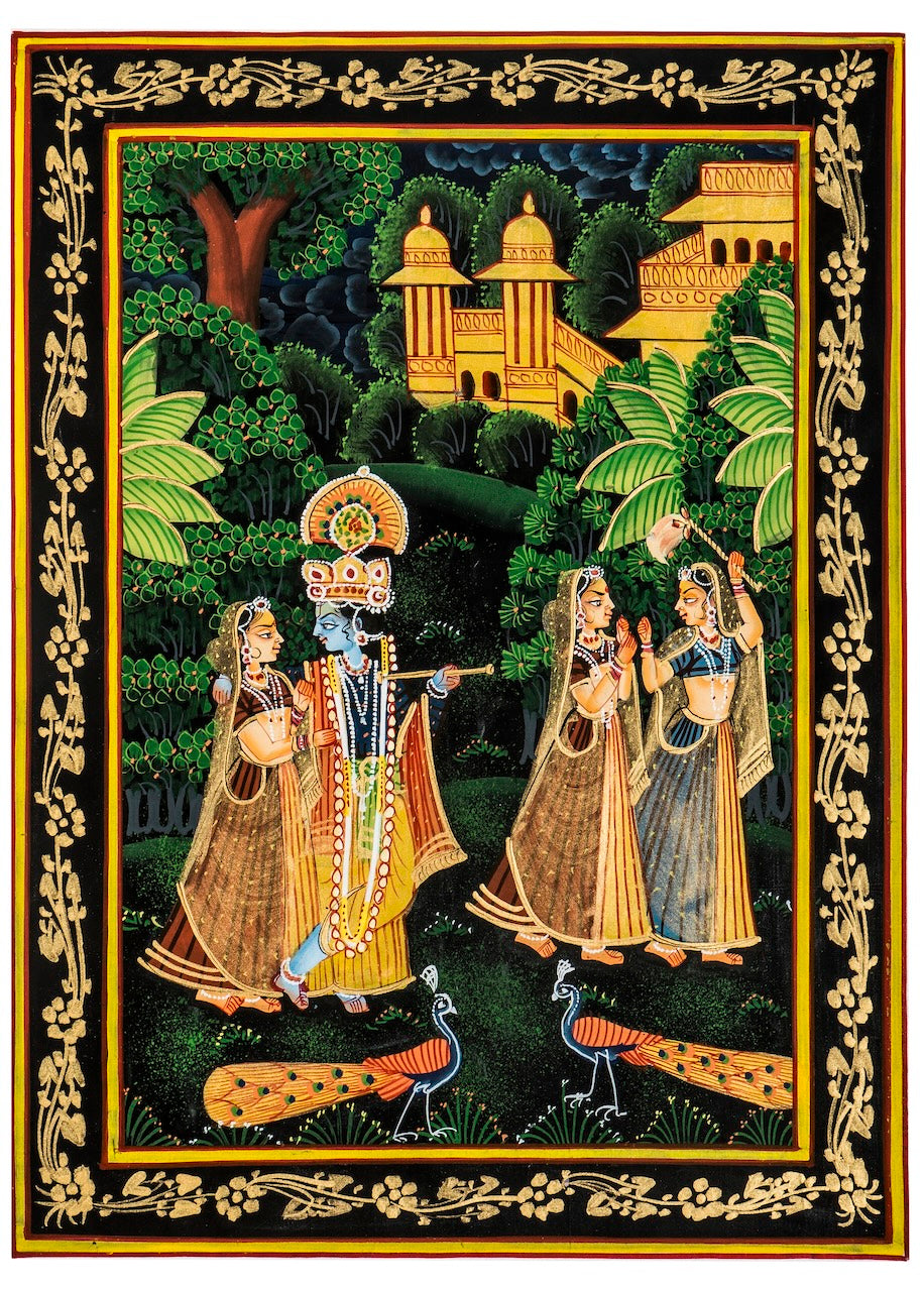 Krishna Playing Flute with Gopis – Miniature Cloth Painting