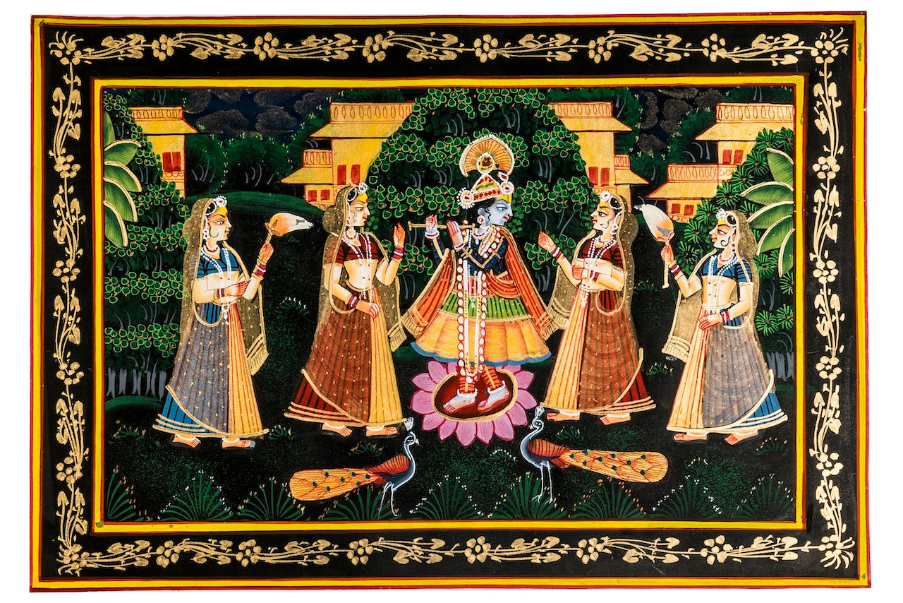 Krishna with Gopis Celebration Scene – Miniature Cloth Painting