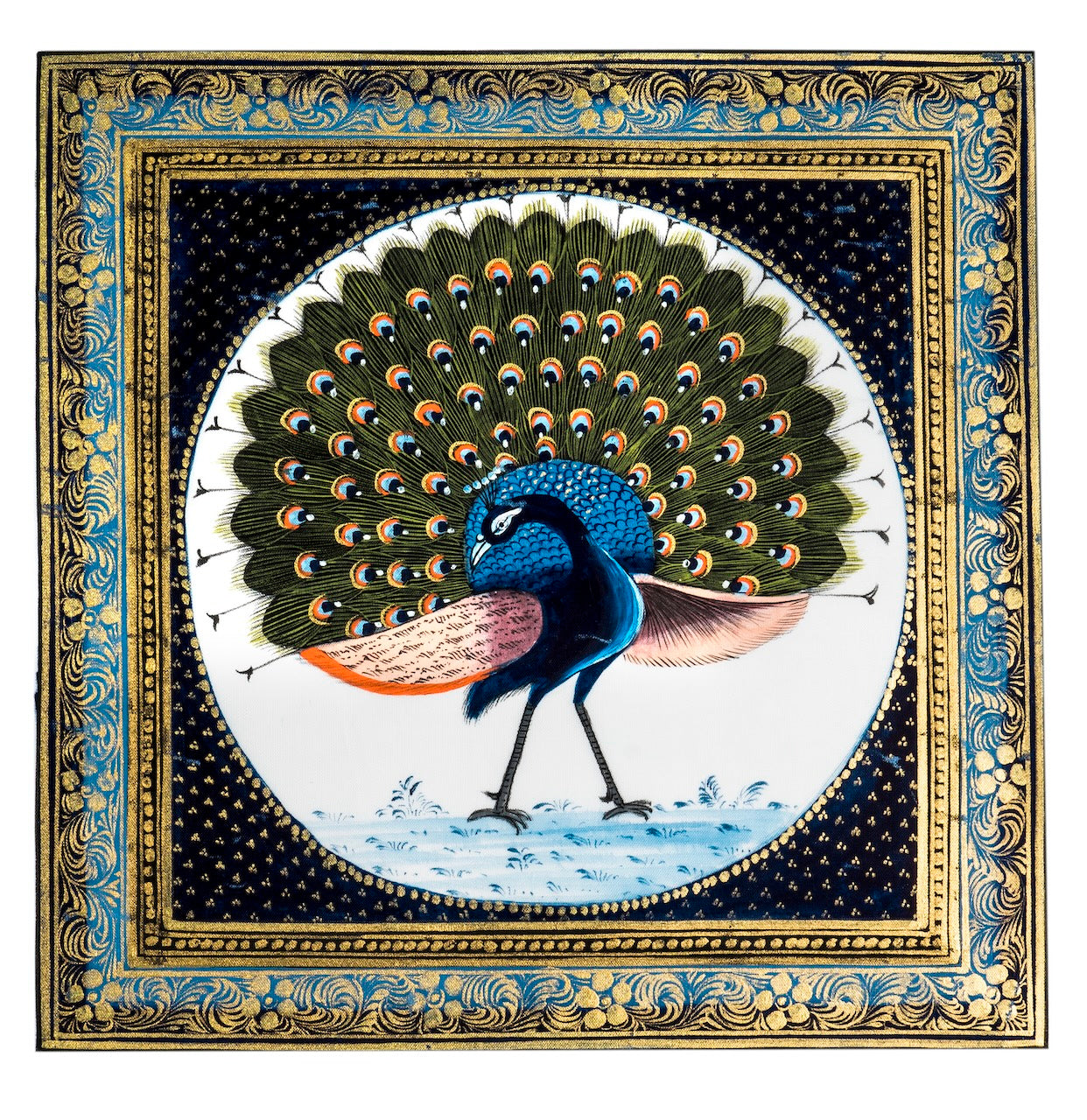 Royal Peacock in Blue-Gold Frame – Miniature Cloth Painting