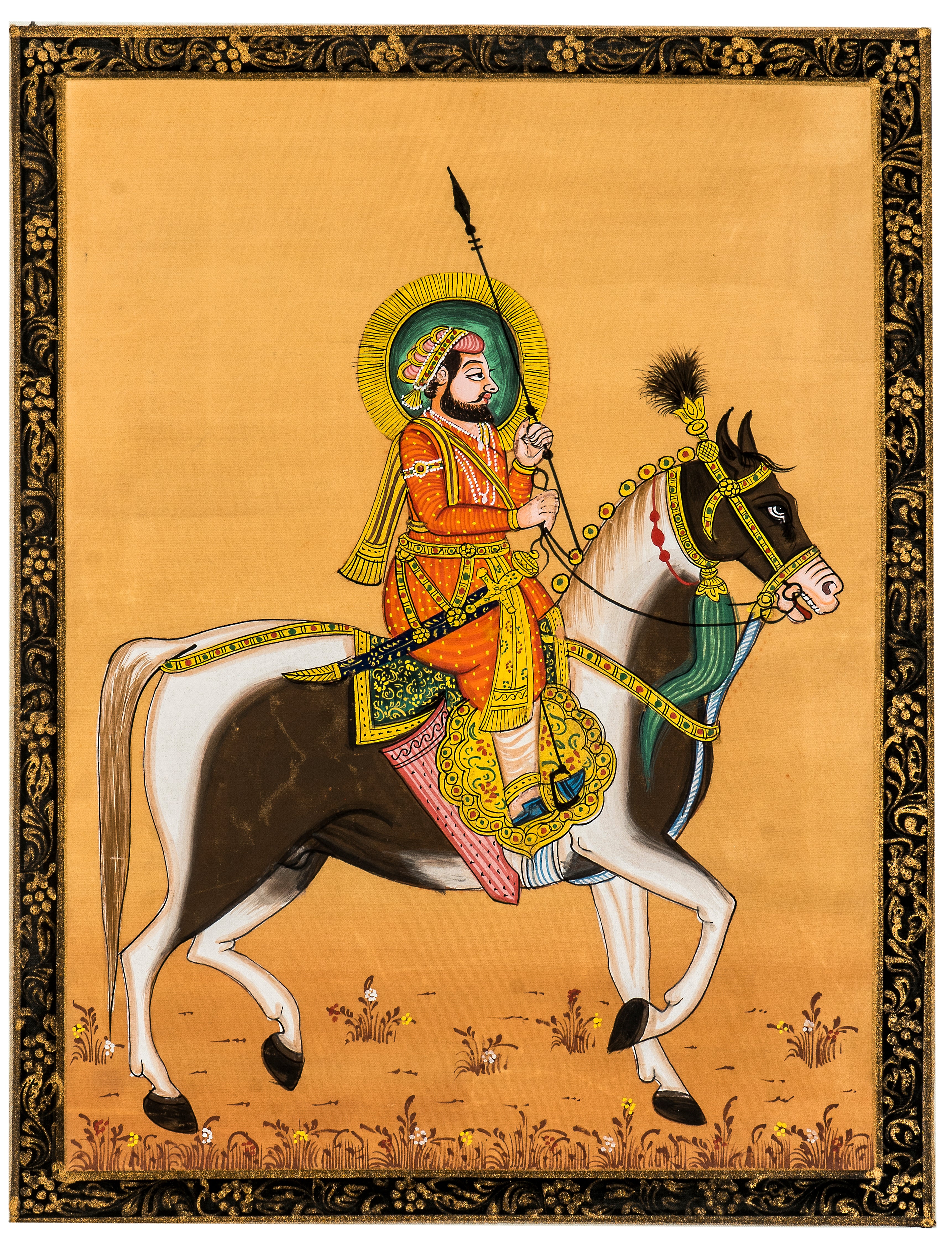 Royal Horse Rider On Mustard Background Miniature Cloth Painting