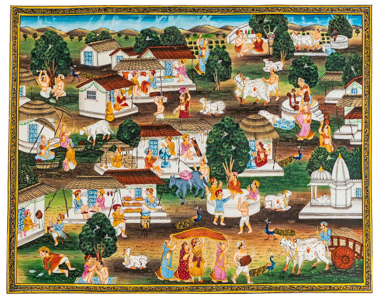 Village Life Celebration – Traditional Indian Miniature Cloth Painting