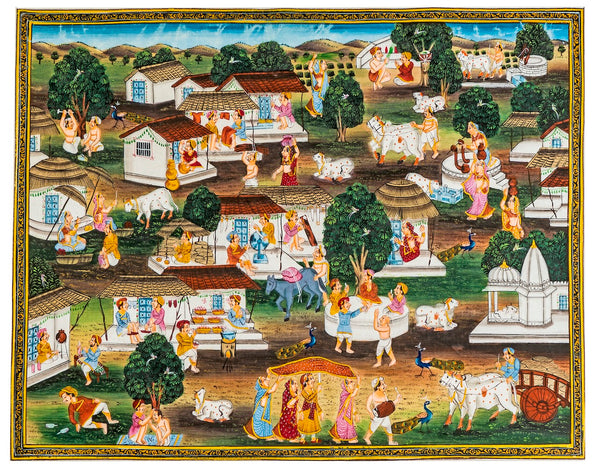 Village Life Celebration Traditional Indian Miniature Cloth Painting