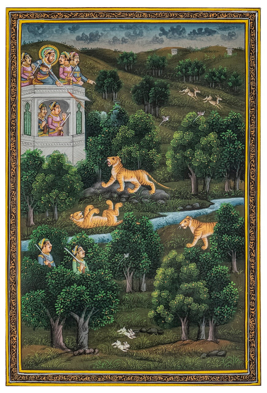 Royal Tiger Hunt In Forest Miniature Cloth Painting