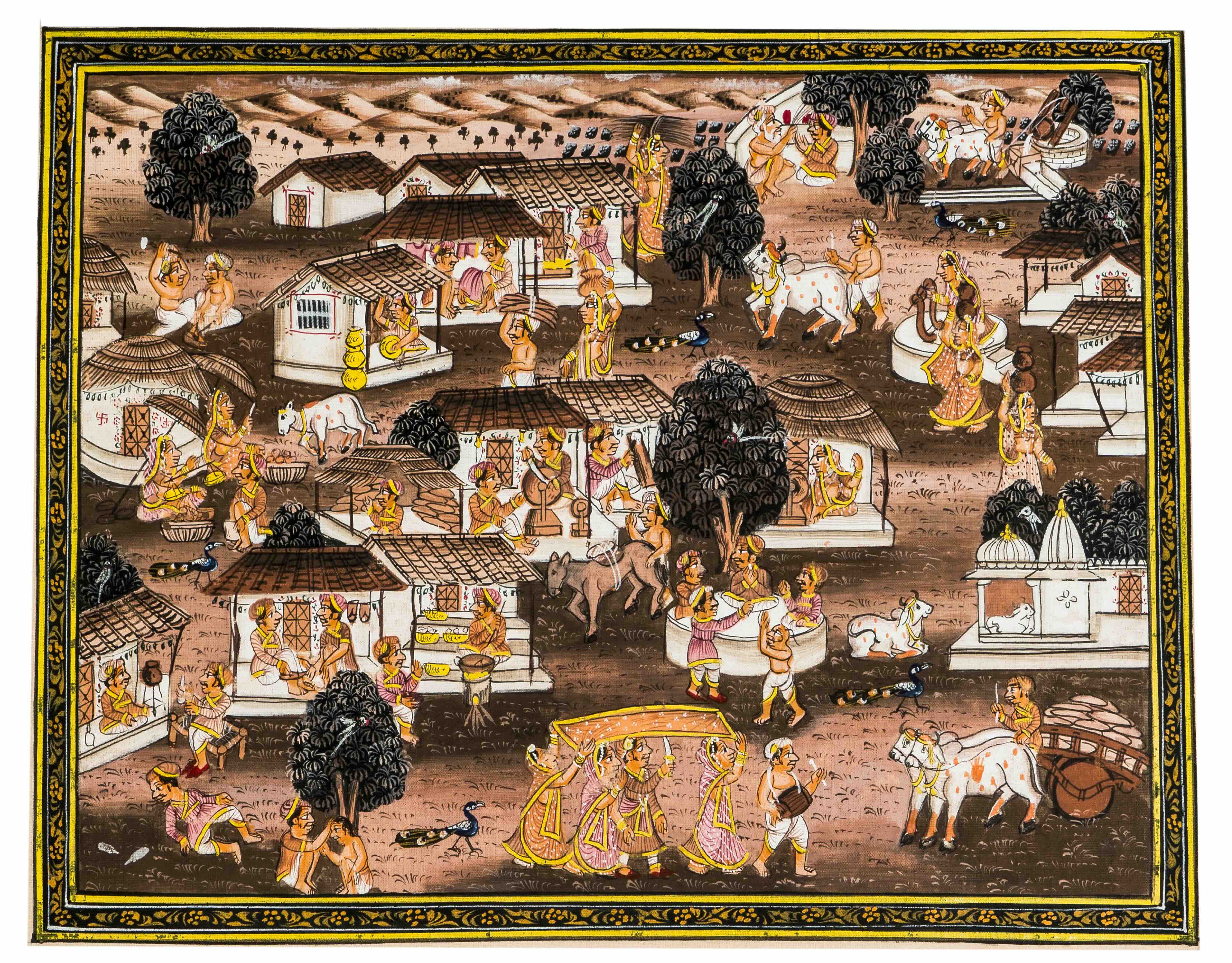 Vintage Village Life – Traditional Indian Miniature Cloth Painting