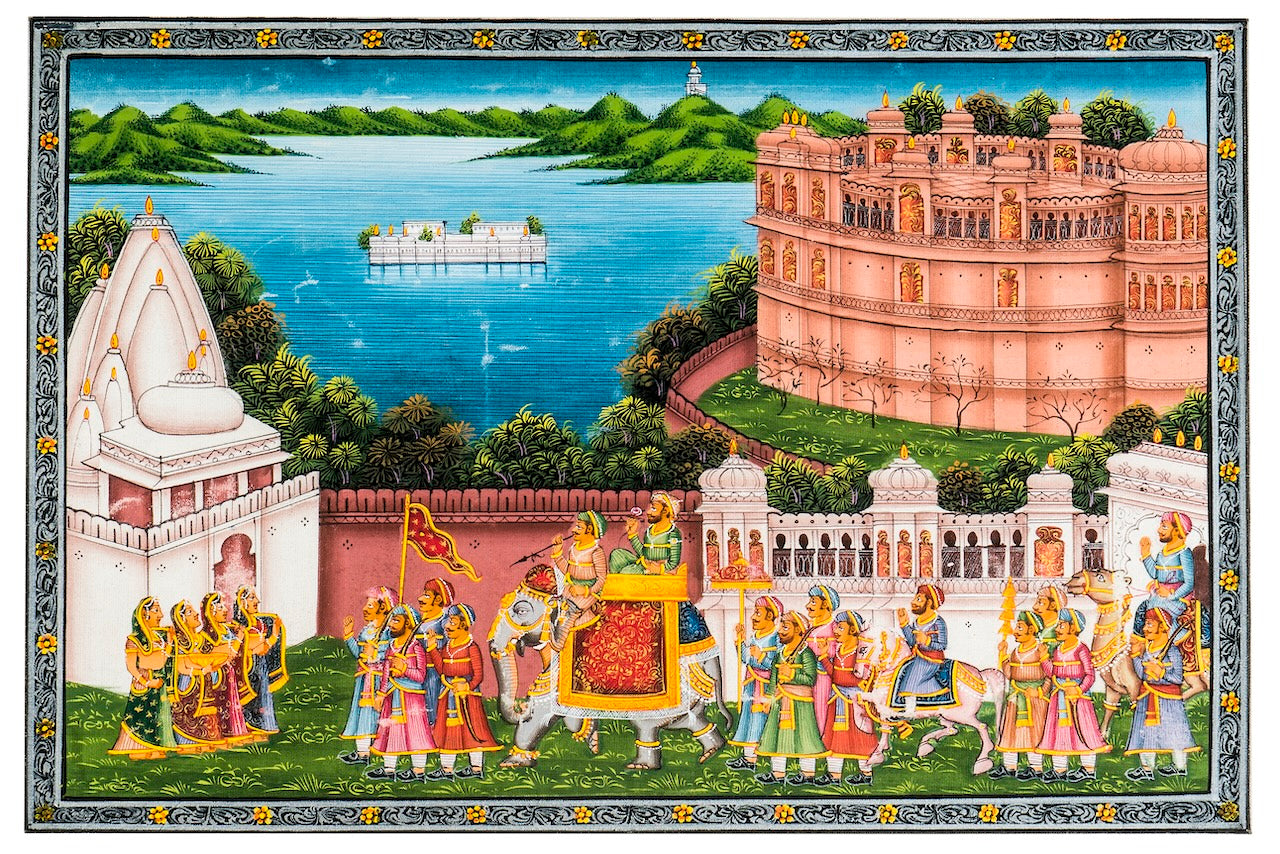 Royal Lakeside Procession – Miniature Cloth Painting