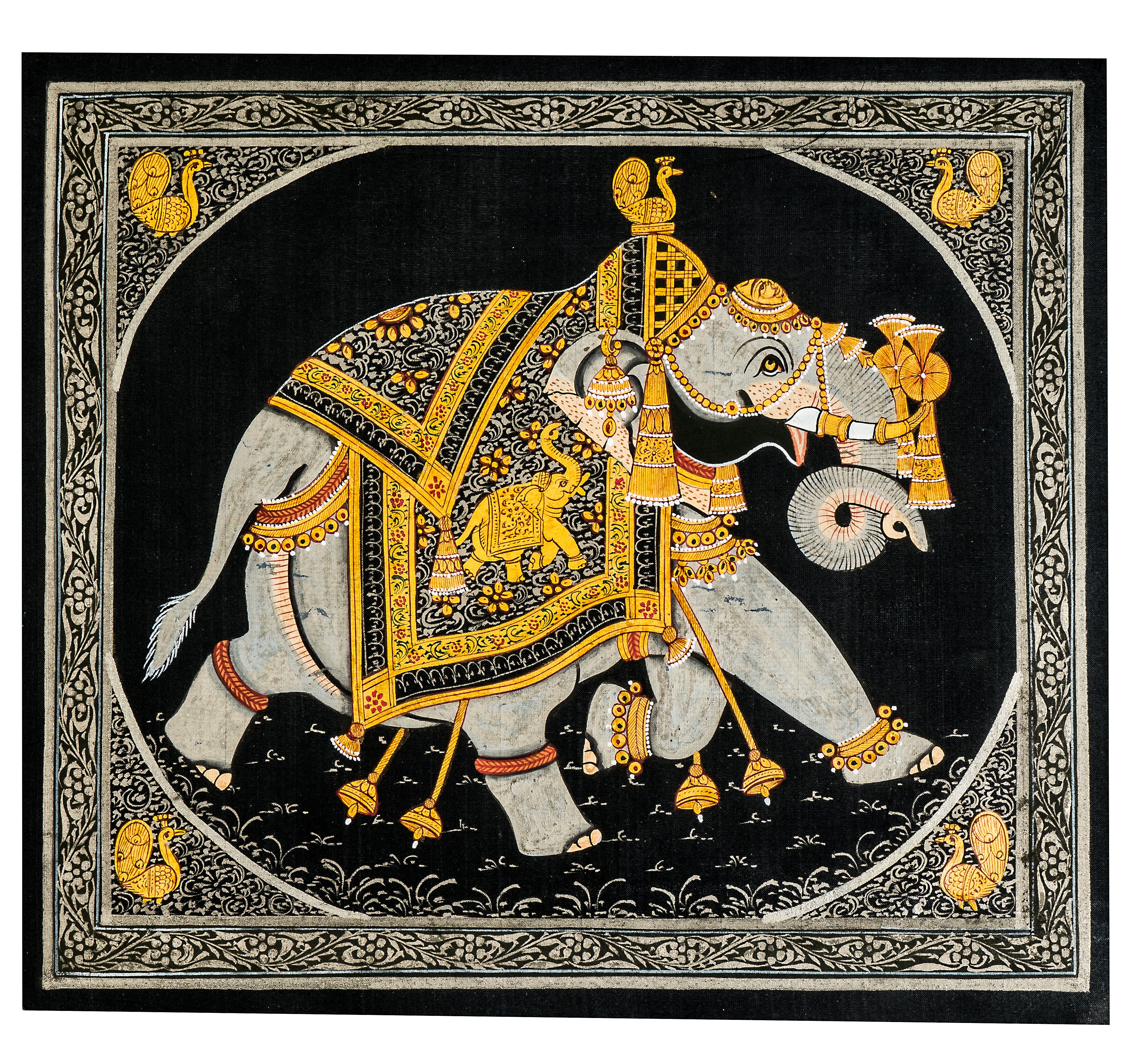 Royal Elephant On Black Background Miniature Cloth Painting