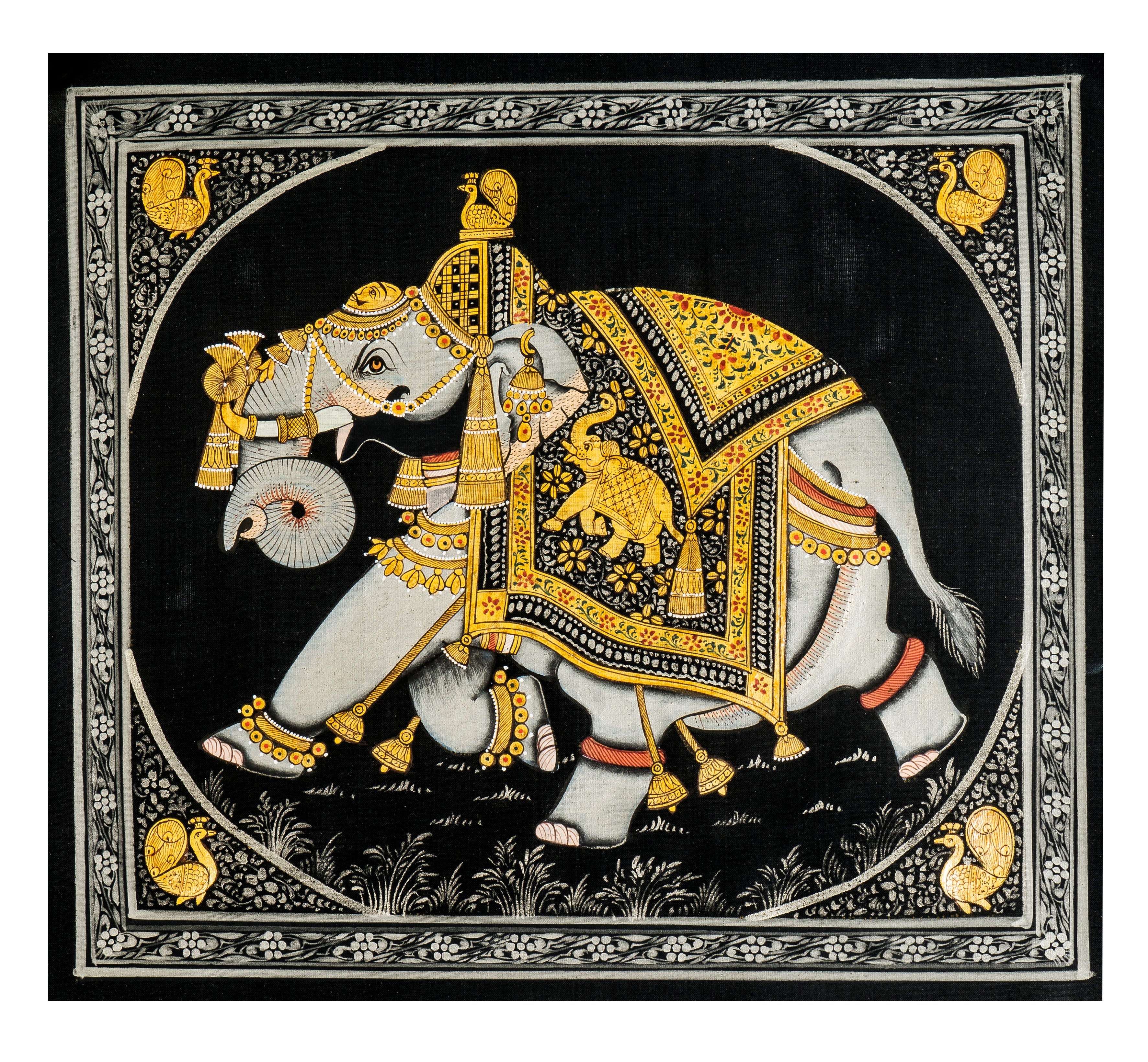 Royal Elephant In Gold Detailing Miniature Cloth Painting