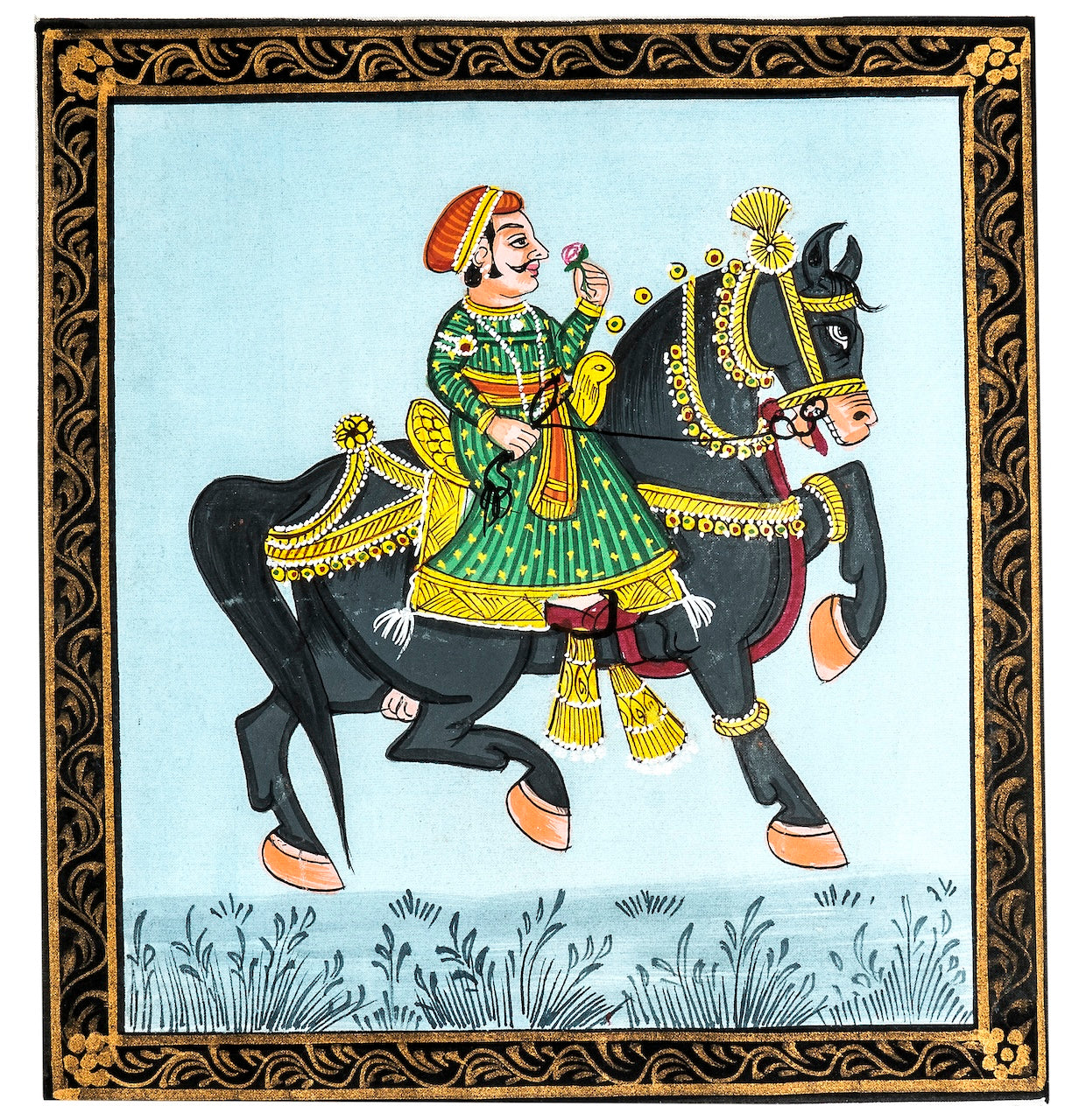 Royal Horse Rider On Black Horse Miniature Cloth Painting