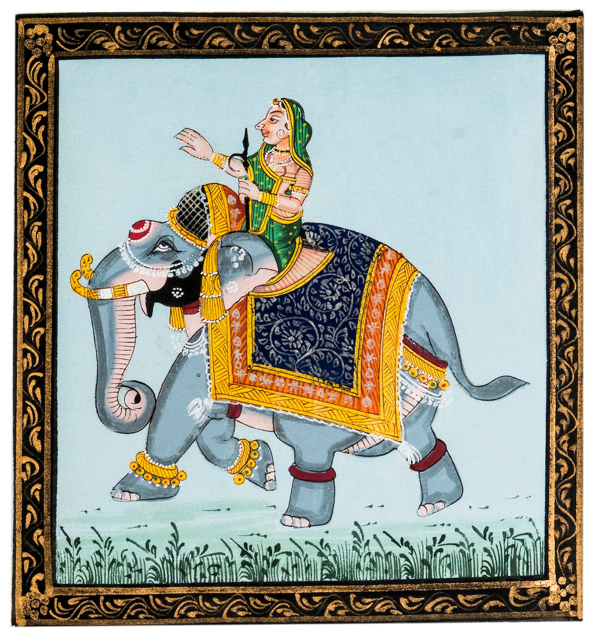 Royal Lady On Decorated Elephant Miniature Cloth Painting