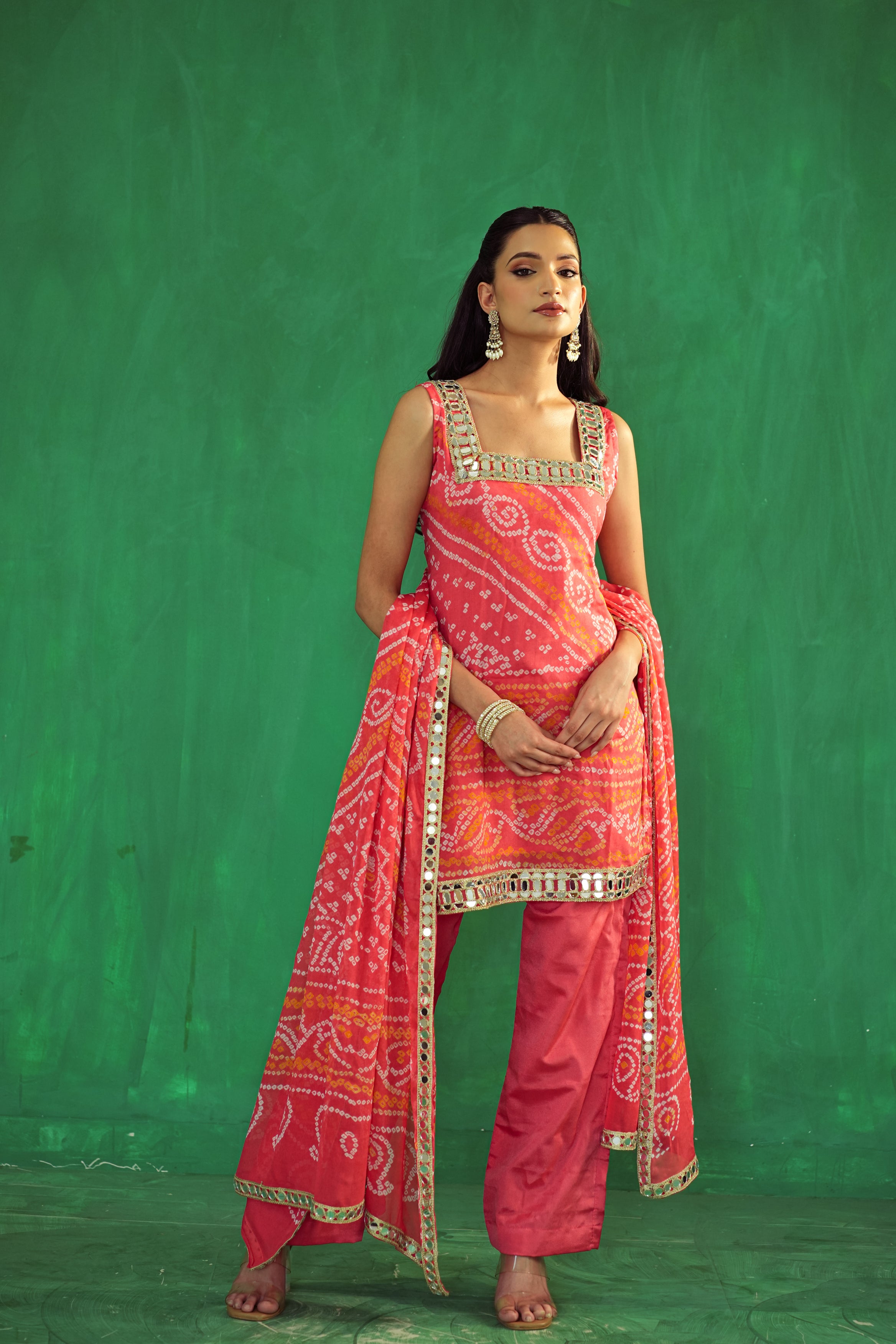 Peach Bandhani Set in Pure Crepe Silk