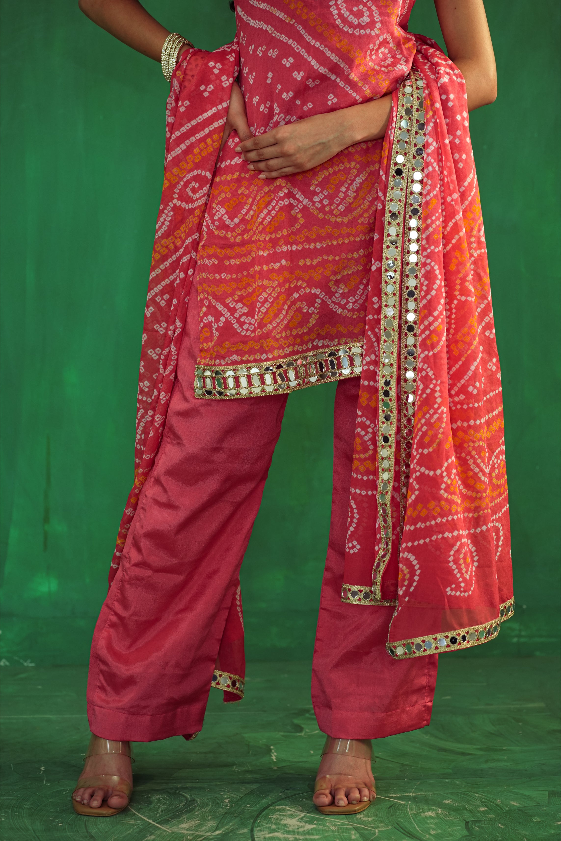 Peach Bandhani Set in Pure Crepe Silk