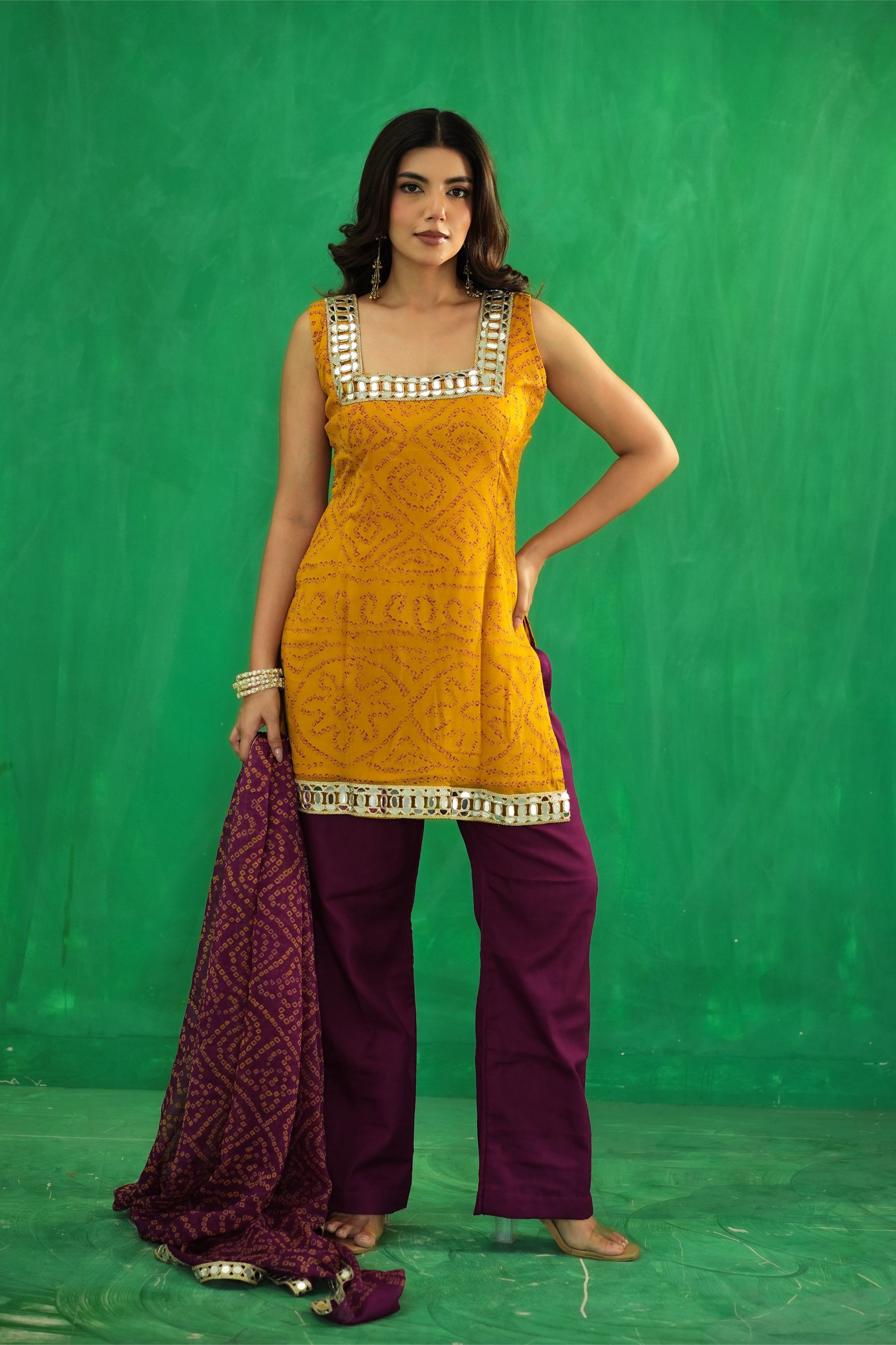The Mustard Bandhani Set – Plum Edition