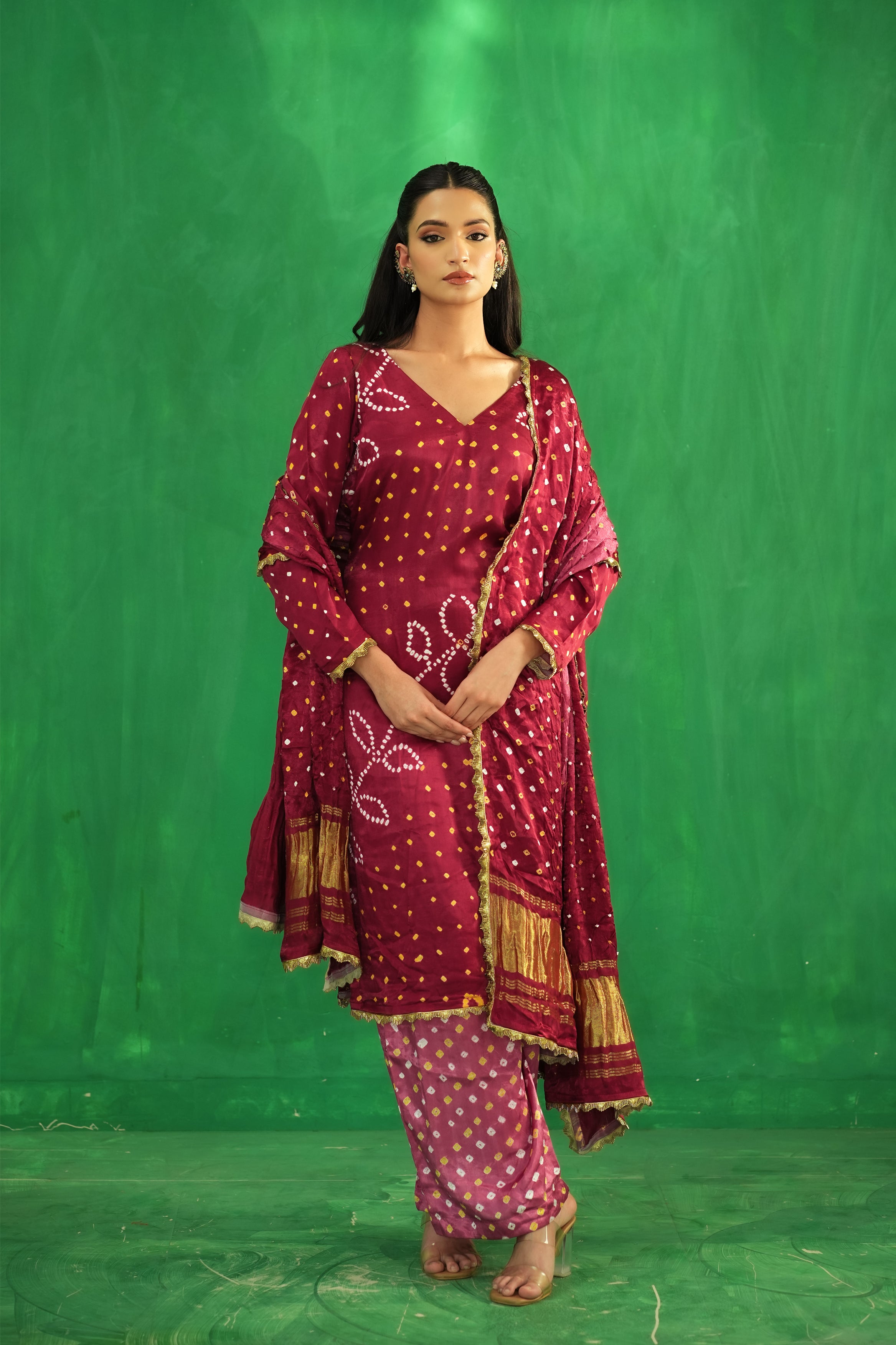 Rangrez Crimson Bandhani Set