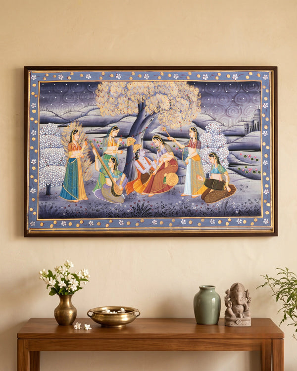 Radha Krishna Moonlight Garden Celebration Miniature Cloth Painting