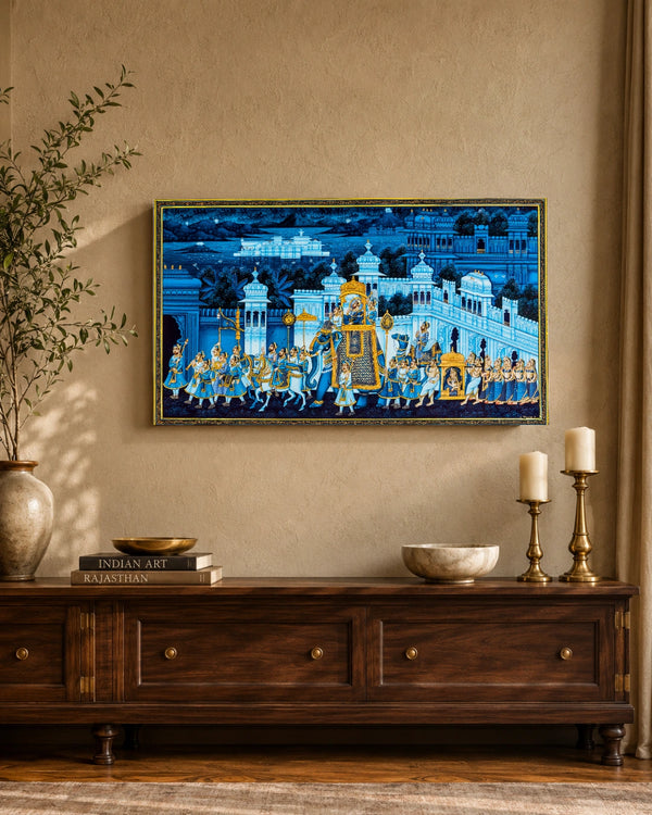 Blue Royal Elephant Procession Miniature Cloth Painting