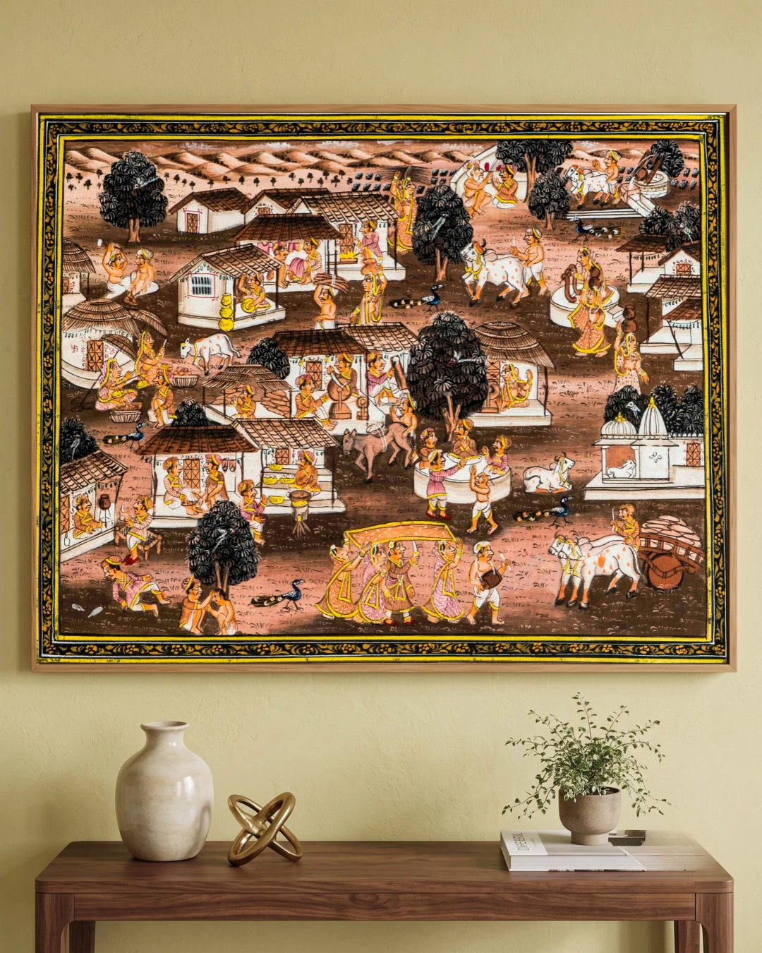 Vintage Village Life Traditional Indian Miniature Cloth Painting