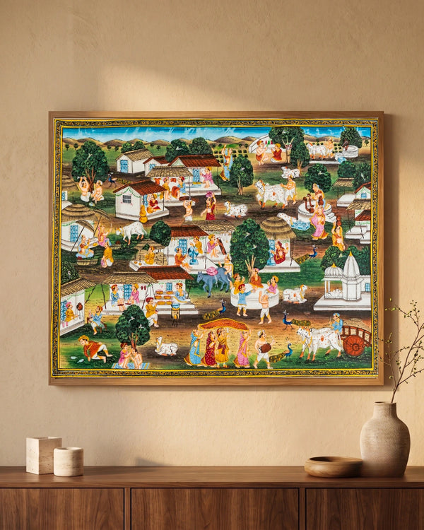 Village Life Celebration Traditional Indian Miniature Cloth Painting