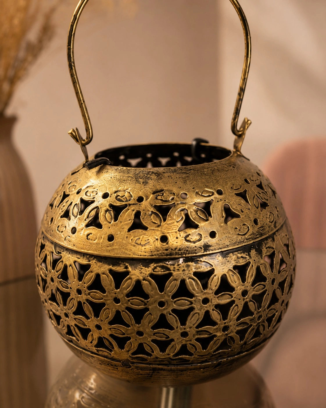 ANTIQUE FLORAL LANTERN CANDLE HOLDER
