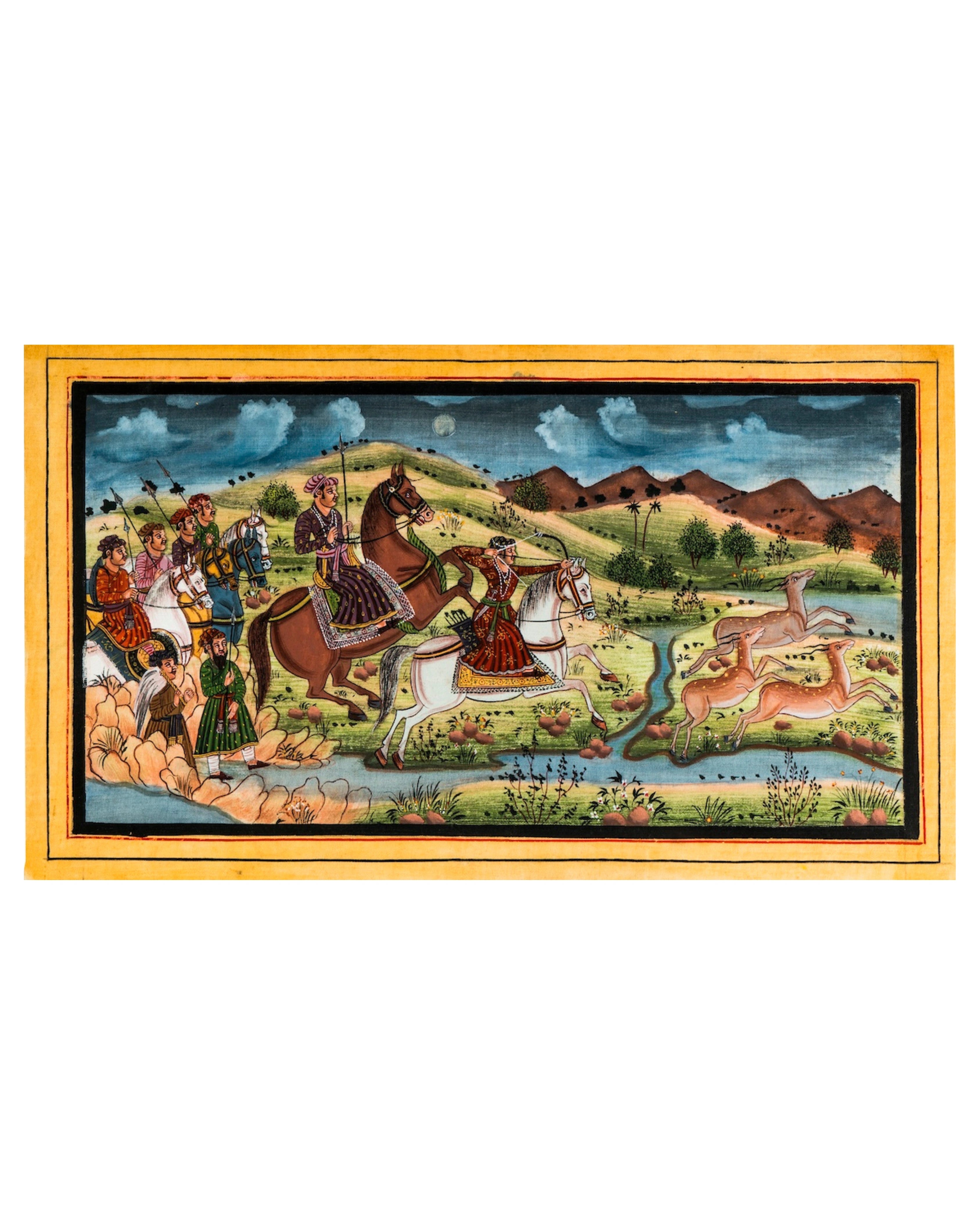 Royal Deer Hunt Traditional Indian Miniature Cloth Painting
