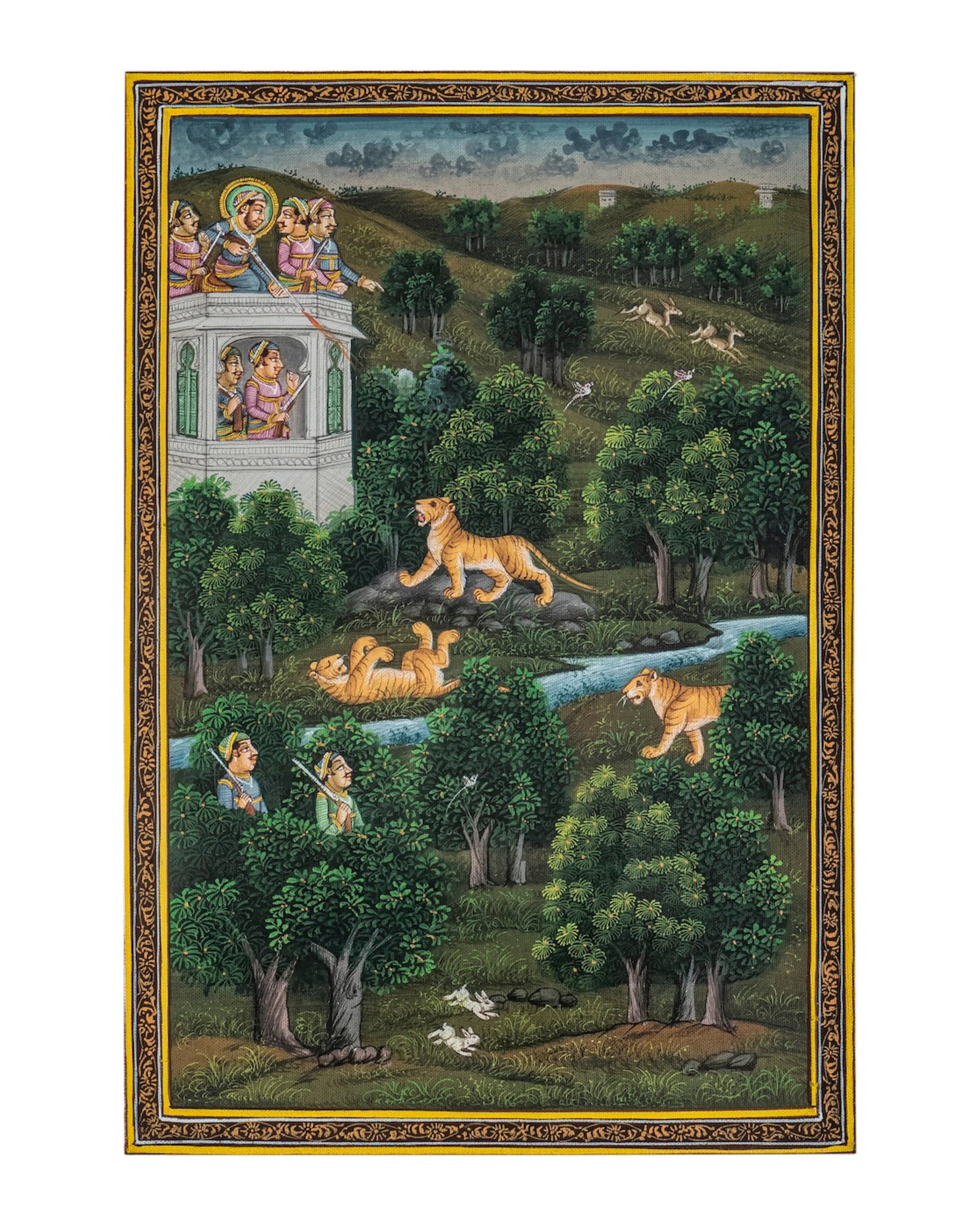 Royal Tiger Hunt In Forest Miniature Cloth Painting